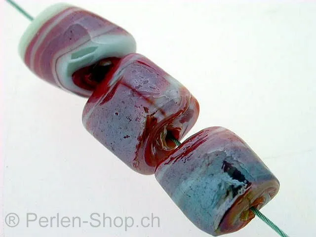 Glassbeads with decoration, cylinder, red, ±16mm, 2 pc.