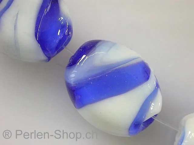 Glassbeads with decoration, flat oval, blue, ±21x18mm, 2 pc.