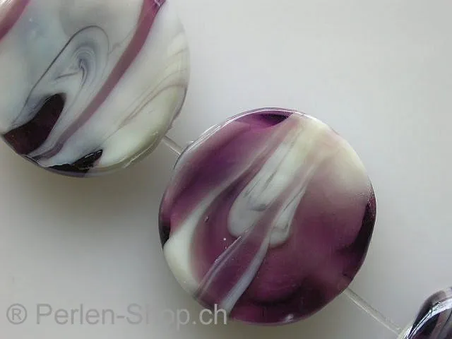 Glasperlen mit verzierung, rund flach, violett, ±20mm, 2 Stk.