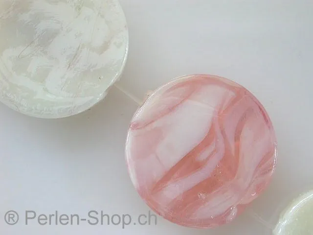 Glassbeads with decoration, flat round, rose, ±20mm, 2 pc.