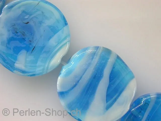 Glassbeads with decoration, flat round, turquoise, ±20mm, 2 pc.