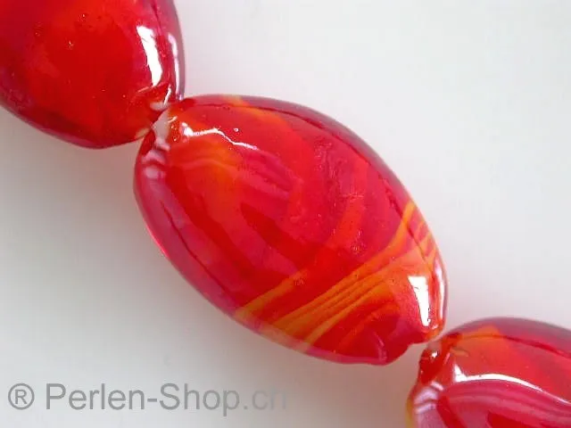 Glassbeads with decoration, flat oval, red, ±24mm, 2 pc.