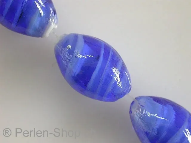Glassbeads with decoration, oval, blue, ±24mm, 2 pc.