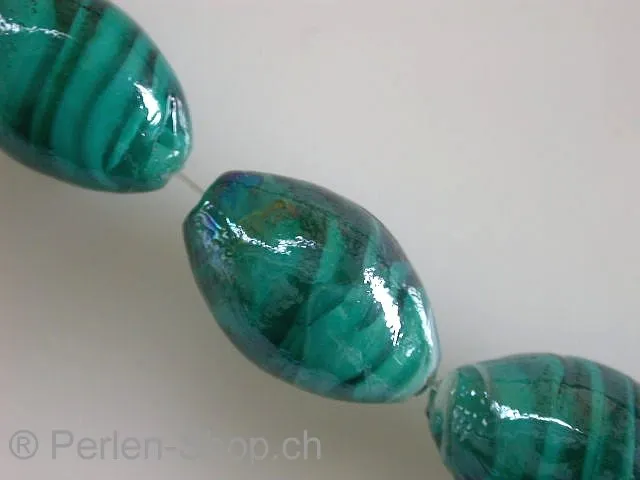 Glassbeads with decoration, oval, turquoise, ±24mm, 2 pc.