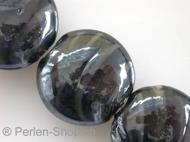 Glasperlen mit verzierung, rund flach, schwarz, ±20mm, 2 Stk.