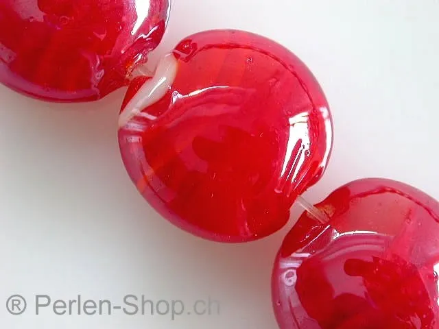 Glassbeads with decoration, flat round, red, ±20mm, 2 pc.