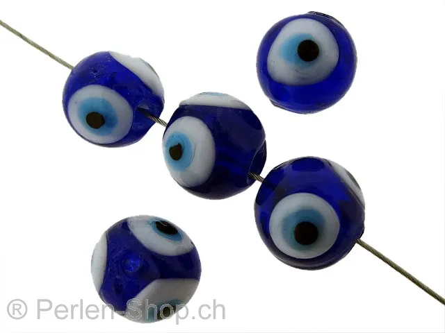 perle ronde Eye, Couleur: bleu, Taille: ±12mm, Quantite: 5 pcs.
