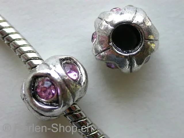 Troll-Beads Style, rondel with 5 rhinestones, ±11x8mm, 1 pc.