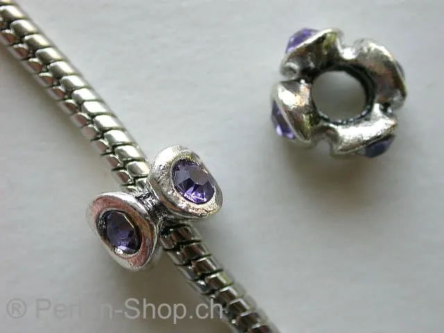 Troll-Beads Style, rondel with 4 rhinestones, ±7x10mm, 1 pc.