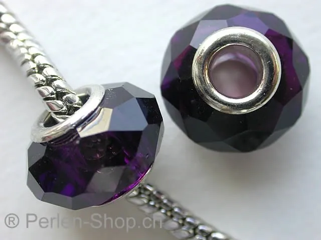 Troll-Beads Style Facet-Glassbeads, purple, ±9x14mm, 1 pc.