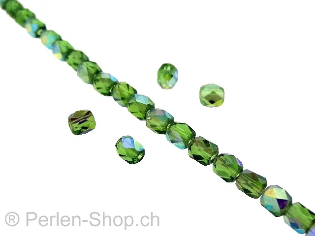 Perles de verre à facettes, Couleur: vert ab, Taille: ±4mm, Quantite: ±100 piece