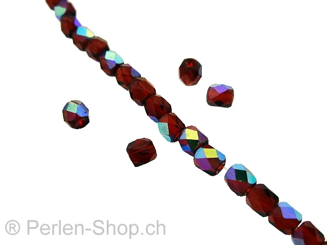 Facet-Polished glassbeads, Color: red ab, Size: ±4mm, Qty: ±100 pc.