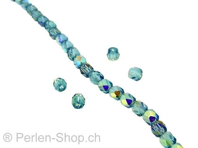 Perles de verre à facettes, Couleur: turquoise ab, Taille: ±4mm, Quantite: ±100 piece