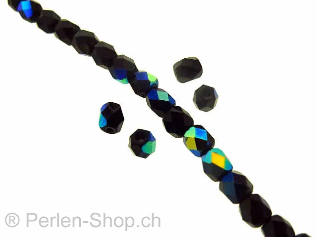 Facet-Polished glassbeads, Color: black ab, Size: ±4mm, Qty: ±100 pc.