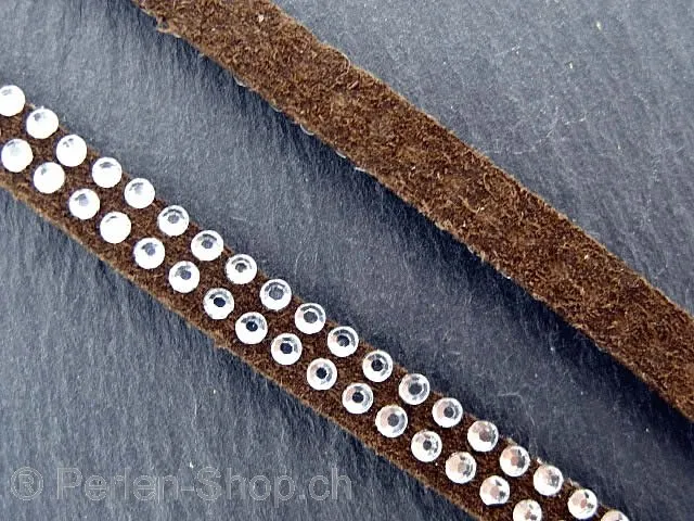 Imitation suede lace with rhinestones, brown, ±5mm, ±1 meter