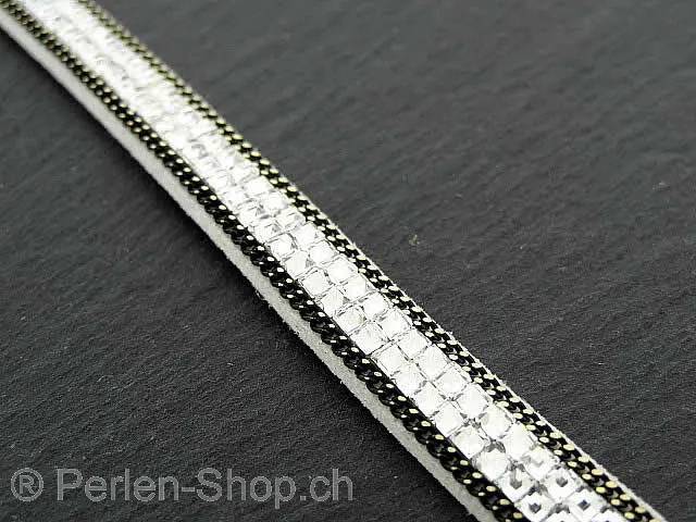 Bracelet imitation daim avec strass et chaîne, Couleur: blanc, Taille: ±8x3 mm, Quantite: 10 cm