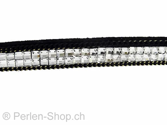 Imitation Wildlederband mit Strasssteinen und Kette, Farbe: schwarz, Grösse: ±8x3mm, Menge: 10 cm
