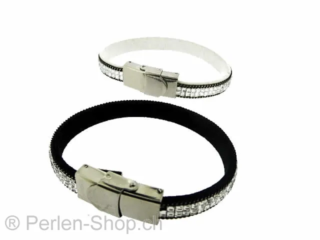 Bracelet imitation daim avec strass et chaîne, Couleur: blanc, Taille: ±8x3 mm, Quantite: 10 cm