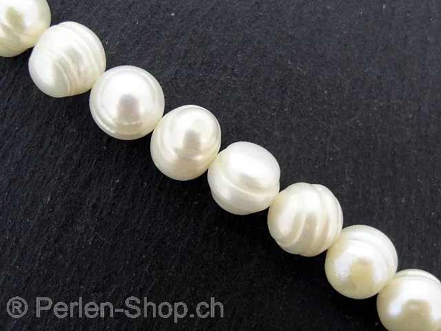 perles d'eau douce, Couleur: blanc, Taille: ±9-10mm, Quantite: chaîne ±38cm, (±39 piece)