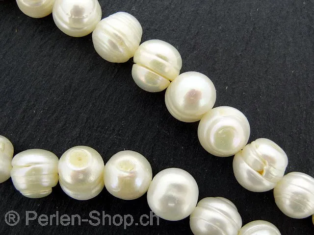 perles d'eau douce, Couleur: blanc, Taille: ±9-10mm, Quantite: chaîne ±38cm, (±39 piece)