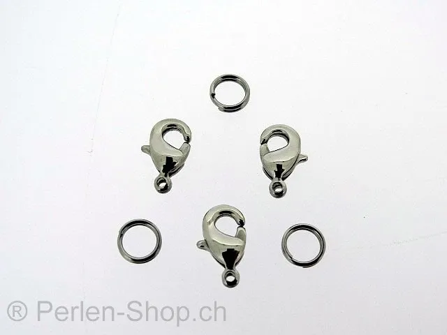 Edelstahl Karabiner Verschluss mit ring, Farbe: Platinum, Grösse: ±10 mm, Menge: 2 Stk