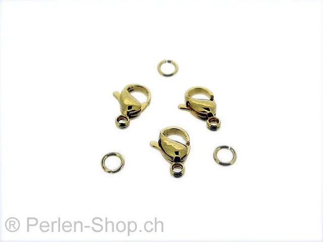 Edelstahl Karabiner Verschluss mit ring, Farbe: gold, Grösse: ±10 mm, Menge: 2 Stk