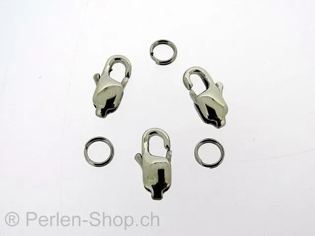 Edelstahl Karabiner Verschluss mit ring, Farbe: Platinum, Grösse: ±12 mm, Menge: 2 Stk