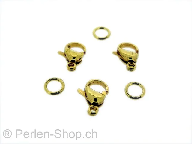 Edelstahl Karabiner Verschluss mit ring, Farbe: gold, Grösse: ±13mm, Menge: 2 Stk