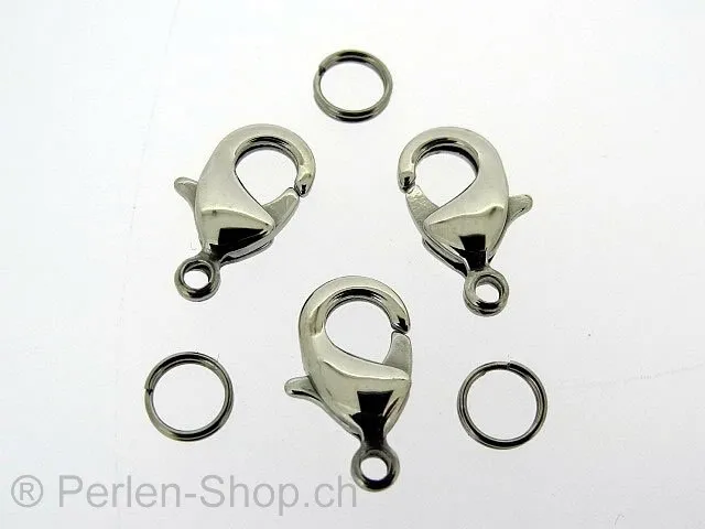 Edelstahl Karabiner Verschluss mit ring, Farbe: Platinum, Grösse: ±15 mm, Menge: 2 Stk