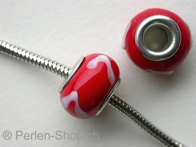Troll-Beads Style glassbeads, red/white, ±11x14mm, 1 pc.