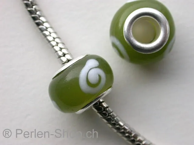 Troll-Beads Style glassbeads, green/white, ±9x14mm, 1 pc.
