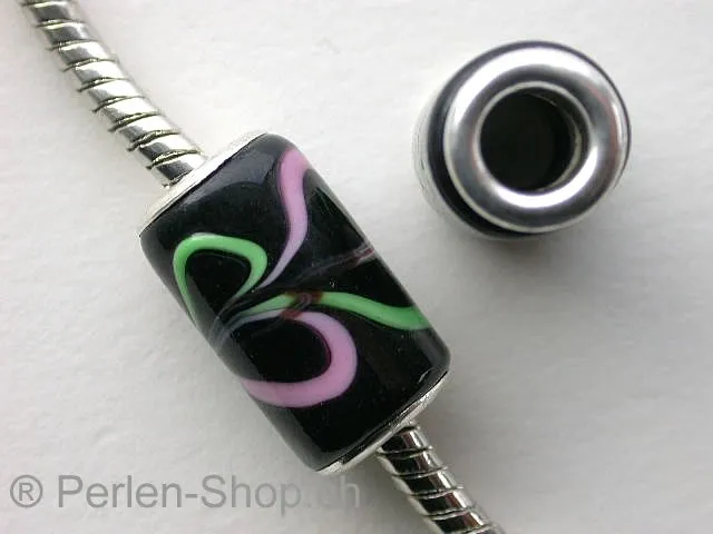 Troll-Beads Style glassbeads, black/green/rose, ±18x10mm, 1 pc.
