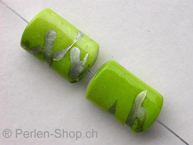 Kunststoffperle flach zylinder verziert, grün, ±20mm, 3 Stk.
