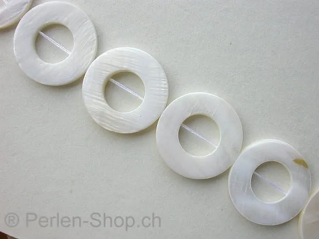 Shell flate round, white, ±25mm, string ±16 pc.