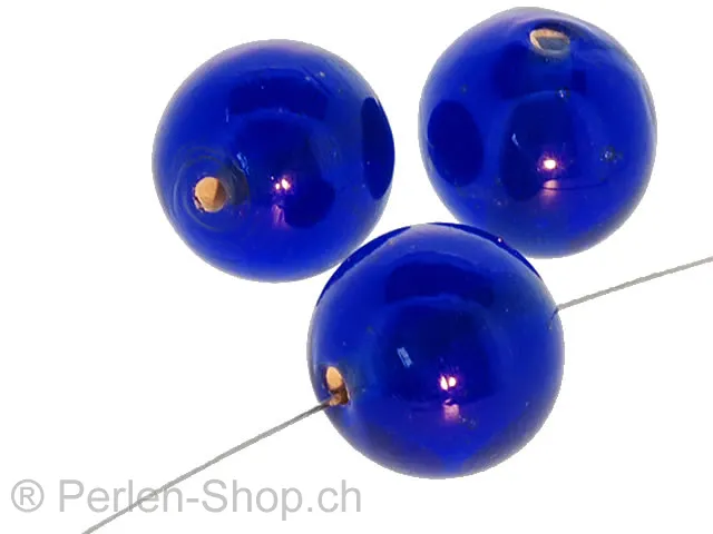 Perles de verre faites à la main rondes, Couleur: bleu, Taille: ±16mm, Quantite: 5 piece