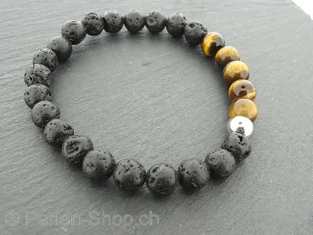 Halbedelstein Armband mit 8mm Lava, Tigeraugen und Edelstahl Perlen