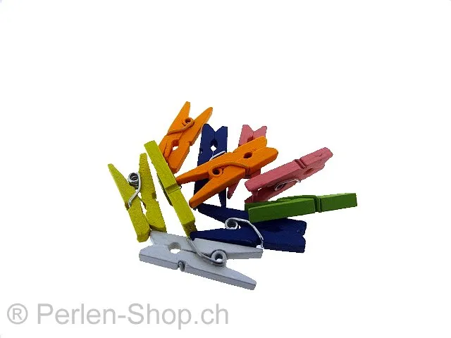 Deco wooden clamps, Color: multi, Size: ±25mm, Qty: 10 pc.