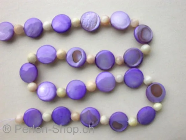 Shell-Beads, lilac/white, round ±5mm, flatt ±12mm, ± 46 pc.,stri