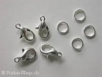 Lobster Clasp incl. double jump ring, 10mm, silver color, 10 pc.