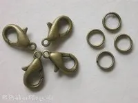 Lobster Clasp incl. double jump ring, 12mm, antique gold color,