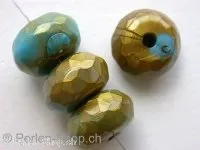 Plasticbeads rondell, turquoise/gold, ±9x16mm, 3 pc.