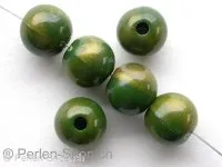 Plasticbeads round, green/gold, ±10mm, 8 pc.