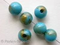 Plasticbeads round, turquoise/gold, ±10mm, 8 pc.