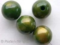 Plasticbeads round, green/gold, ±14mm, 4 pc.