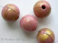 Kunststoffperle rund, rosa/gold, ±14mm, 4 Stk.