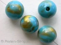 Plasticbeads round, turquoise/gold, ±14mm, 4 pc.