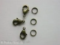 Lobster Clasp incl. double jump ring, 12mm, ant gold, 10 pc.