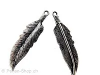 Pendant feather, Color: antique silver, Size: ±42x11mm, Qty: 1 pc.