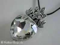Pendant heart with glass stone and 4 rhinestones, ±33x18mm, 1pc.