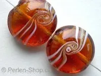Glassbeads gold decorated, flat round, brown, ±20mm, 2 pc.